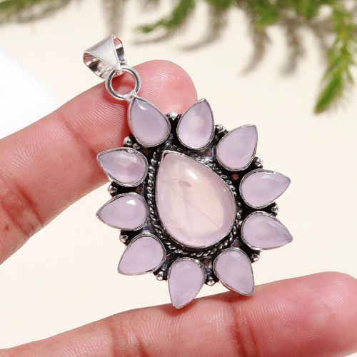 Rose Quartz Gemstone 925 Sterling Silver Handmade Pendant For Weding Gift - Picture 4 of 4