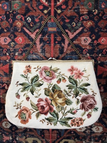 VTG Large Needlepoint Bag Purse Ivory Floral Gold Tone Chain Satin Lined Tote - Picture 11 of 11