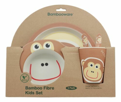Ebros Monkey 5 Pc Organic Bamboo Dinnerware Set For Kids Children Toddler Baby
