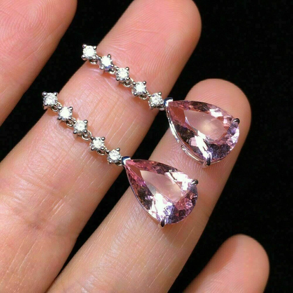 4Ct Rosa Simulierte Saphir & Diamant Tropfen/Ohrringe 14k Weißgold Beschichtet - Bild 4 von 4