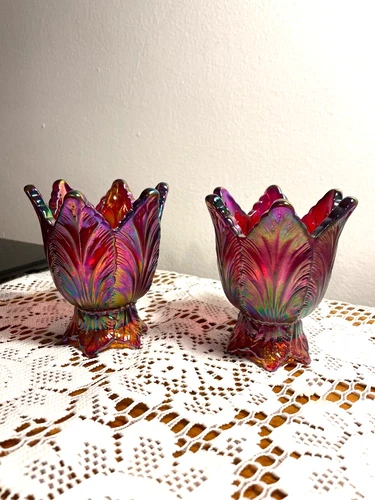 Fenton carnival 2 way red glass candle holders Set of 2