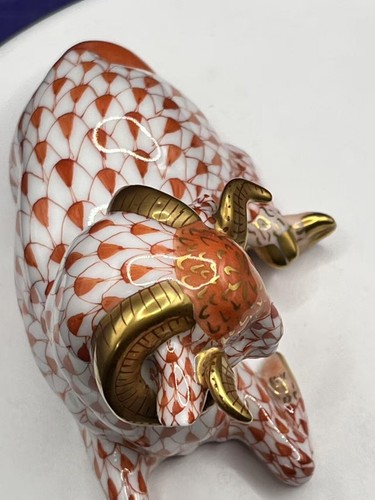 Herend Sheep / Ram Curly Horn Figurine 24K Rust Orange Fishnet Design 15379 - Picture 14 of 24