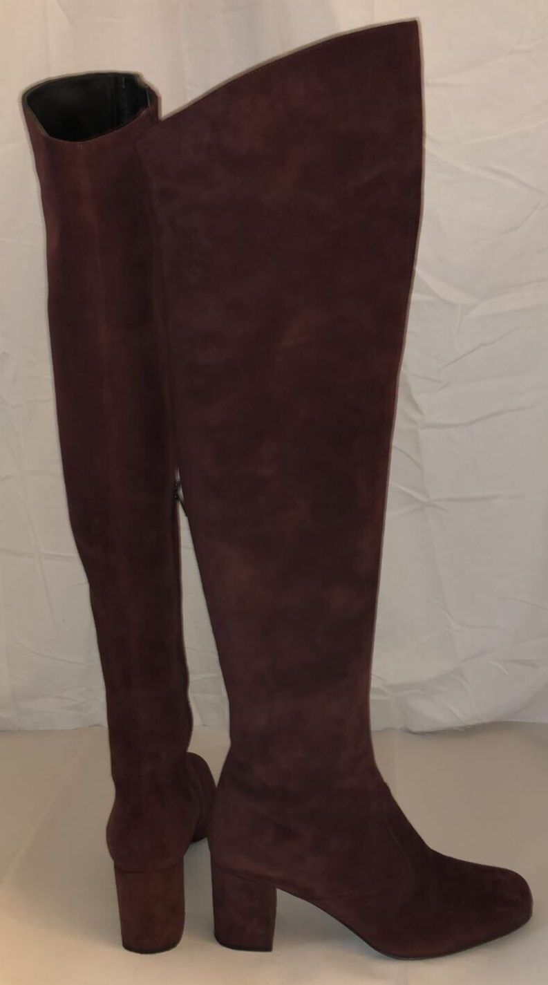 STIVALI ALTI SOPRA IL GINOCCHIO 37 5 7❤ SAINT LAURENT pelle scamosciata borgogna tacco basso