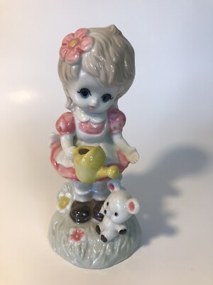 Porcelain Girl Watering Can Teddy Bear Looks Like Anime Character Japan Figurine