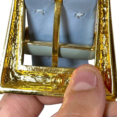Vintage St. John Blue Leather Belt With Enamel Gold Buckle  display picture 1