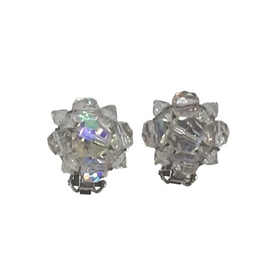 Vintage Aurora Borealis Clip On Earrings Clear Bead Beaded 24275