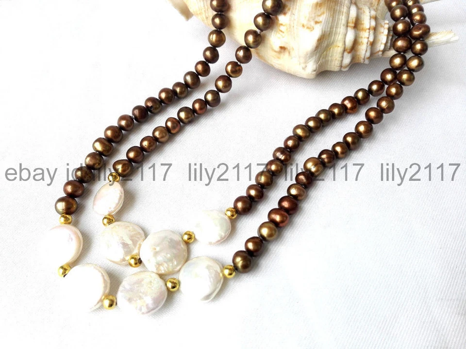 2 filas 7-8mm café 11-12mm moneda blanca perlas agua dulce collar 18-19"" Foto 3 de 4