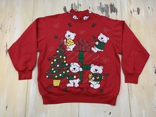 HOLIDAY TIME - Vtg Red Christmas Tree Gift Bear Sweatshirt Sweater, Womens LARGE
