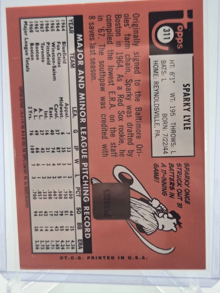 SPARKY LYLE 2001 TOPPS ARCHIVES AUTOGRAPH AUTO! BOSTON RED SOX! - Image 2 of 2