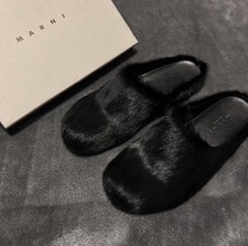 Marni Black Fur Slip-On Men's Comfort Slippers, Solid, Flat Heel, Round Toe