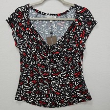 St. John Sport Womens M Black Red White Geometric Print Short Sleeve Top Blouse
