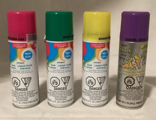 Lot Of 4 Unique Neon Hair Sprays Pink ,Green ,Yellow ,Purple -4.5 Oz Each