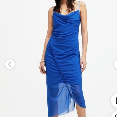 AllSaints Ulla Mesh Draped Electric Blue Midi Dress 10