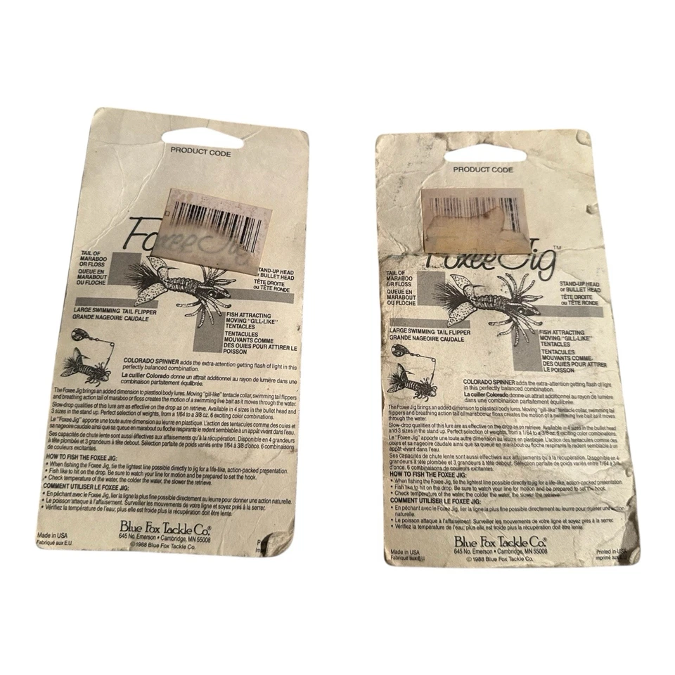 Lote de 2 señuelos de pesca Blue Foxee Jig de colección como nuevos 1988 EE. UU. negro amarillo Foto 2 de 4
