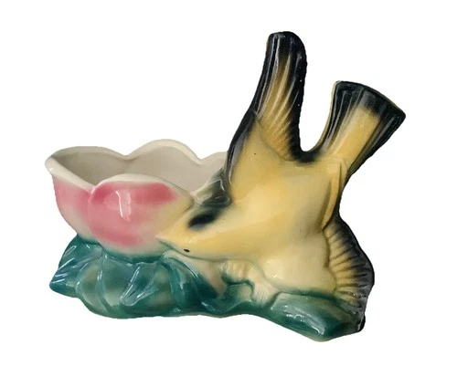 Vtg Brush McCoy USA Art Pottery Bird Planter #246 Yellow Swallow Pink Flower