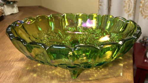 Indiana Iridescent Lime Green Carnival Glass Footed Oval Fruit Bowl Harvest VTG