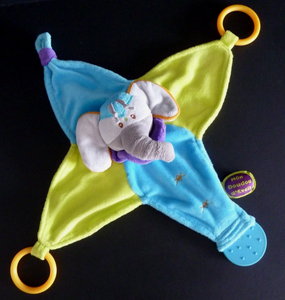 M12. DOUDOU ET COMPAGNIE PLAT MON DOUDOU D'EVEIL ELEPHANT bleu vert étoile TBE - Photo 3/3