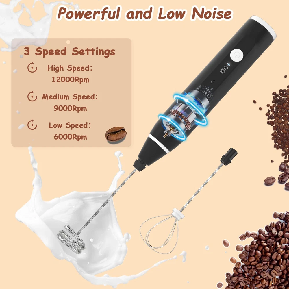Milk Frother Handheld Rechargeable Electric Foam Maker Drink Mixer 3 Speeds w...