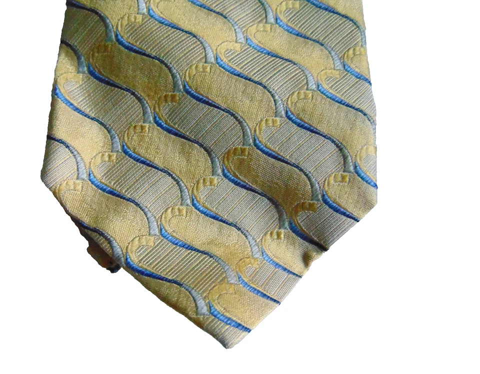 Corbata Bachrach Hombre 100% Seda Dorado Azul Claro Geométrica Ancha Hecha en Italia Foto 4 de 4