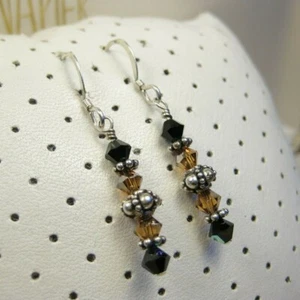 Vintage Sterling Silver Brown Dark Rainbow Beaded Drop Dangle Hook Earrings 925