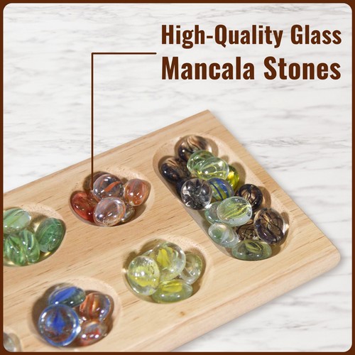 WYZworks Mancala Board Game Wood 48 Glass Stones Family Fun Game Travel Size - Picture 5 of 16