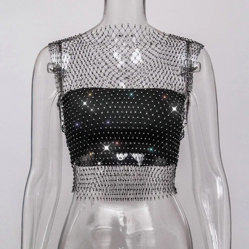 Rhinestones See-through Women Fishnet Tank Top Sexy Vest Mesh Crop Tops Babydoll - Picture 14 of 31