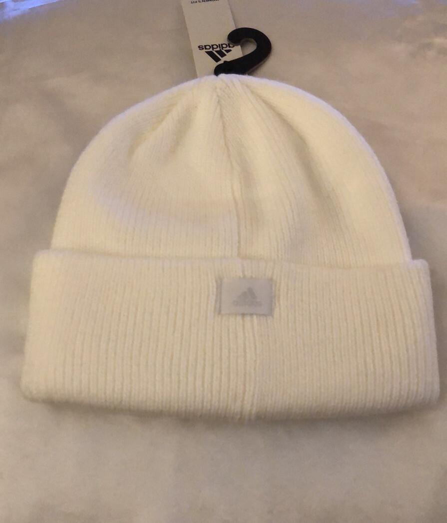 Adidas Womens Fit White Fold Over Beanie Hat Embroidered