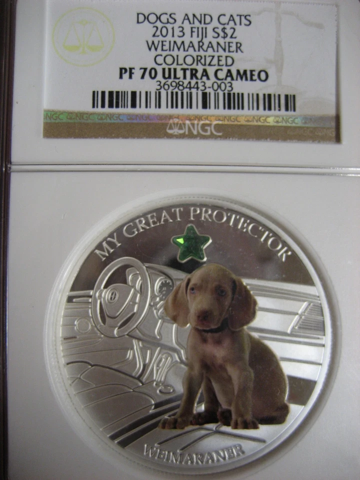 2013 Fiji Dogs & Cats Series Weimaraner NGC PR70  1oz Silver w/ Swarovski Coin - Image 2 of 4