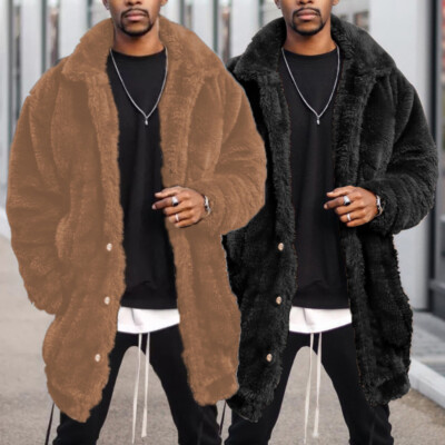 Men's Luxury Faux Fur Coat Jacket Winter Warm Long Coats Overwear Outwear UK #