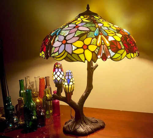 Tiffany-Style Stained Glass Table Lamp w/Birds on Tree Branch Base, Double-Lit - Picture 10 of 12
