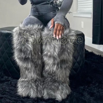 Winter Womens Raccoon Fur Boots Warm Snow Thick Faux Fur Knee High Boots Pull On