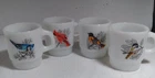 4 Vintage Anchor Hocking Milk Glass Bird Mugs Cardinal Oriole Blue Jay Chickadee