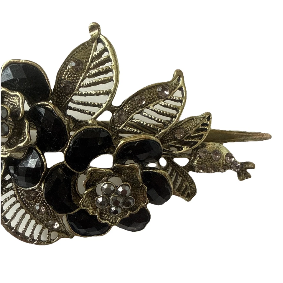 Vintage Gold Tone Hair Clip Rhinestone Black Flower Beak Clip Collectible - Image 3 of 4