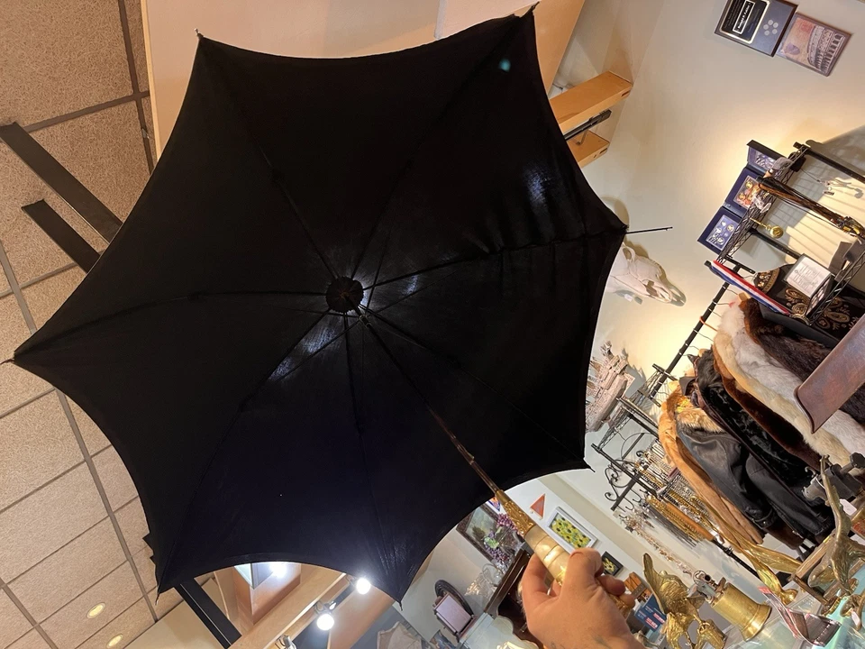 Victorian Umbrella Gold And Mother Of Pearl Handle Original Black Shade 1850's - Image 3 of 4