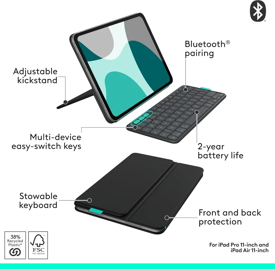 Logitech Flip Folio, Keyboard Case for iPad Pro 11-inch (M4) & iPad Air 11-inch - Image 2 of 4