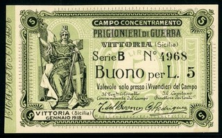 ITALY SICILY Prisoner of War Currency 5L VITTORIA JAN 1918 Series B4968 $$$$