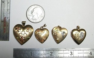 LOT OF 4 MULTI COLOR 14K GOLD FILLED HEART LOCKETS HUMMINGBIRD ROSES ENGRAVED