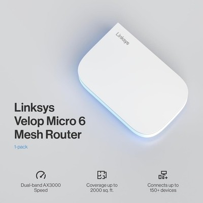WiFi 6 AX3000 Mesh Router Linksys Velop Micro 6 2000sq ft Abdeckung erweiterbar