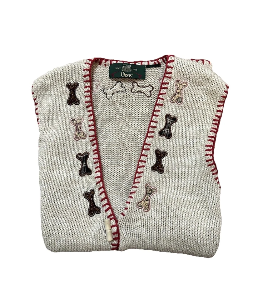 Vintage Orvis Sweater Vest L Womens Dog Puppy Art Patch Buttons Pet Parent Mom - Imagem 2 de 4