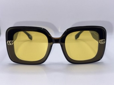 Gucci Oversized Square Black Women's Sunglasses Yellow Tinted Lens Striped
