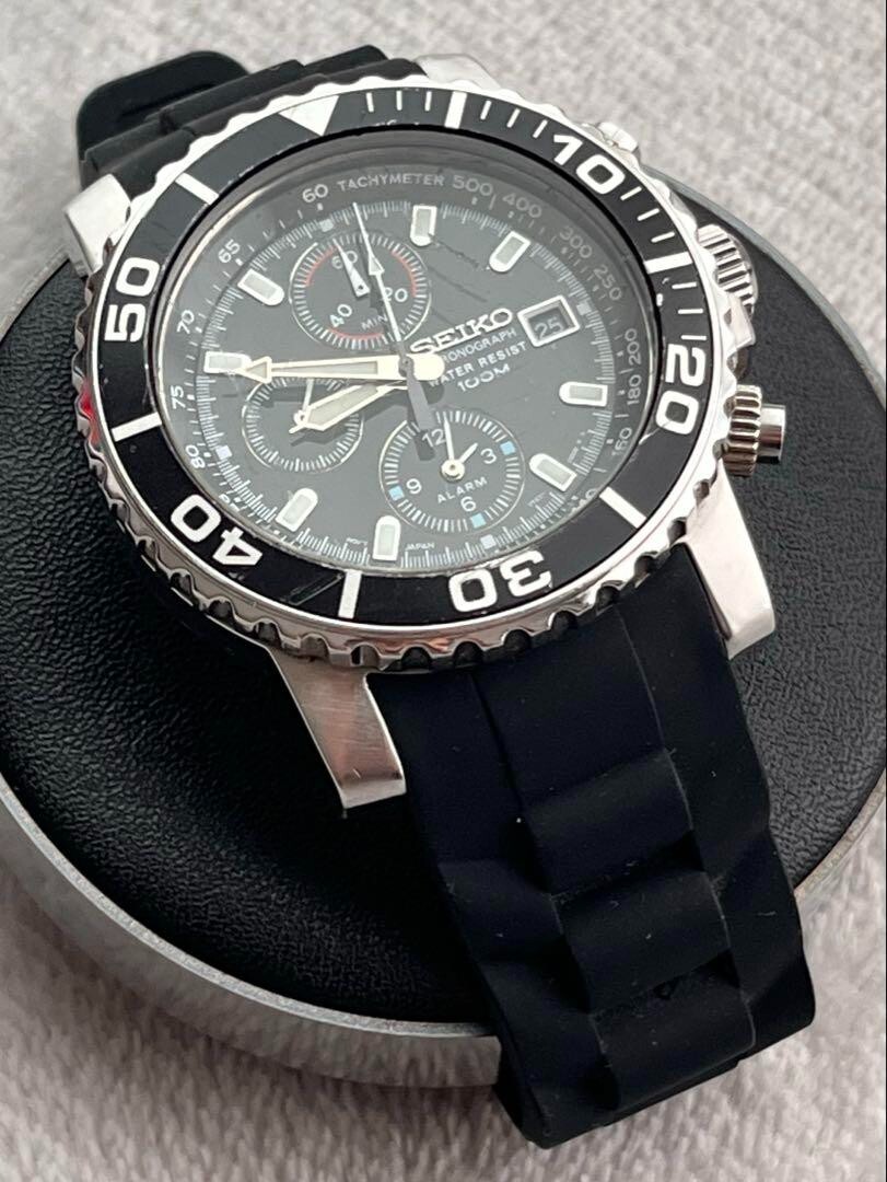 SEIKO 7T62-0CV0 100M クロノグラフ ダイバーズモデル腕時計 SEIKO Diver 100m 7T62-0CV0 Chronograph Date Black Dial SS