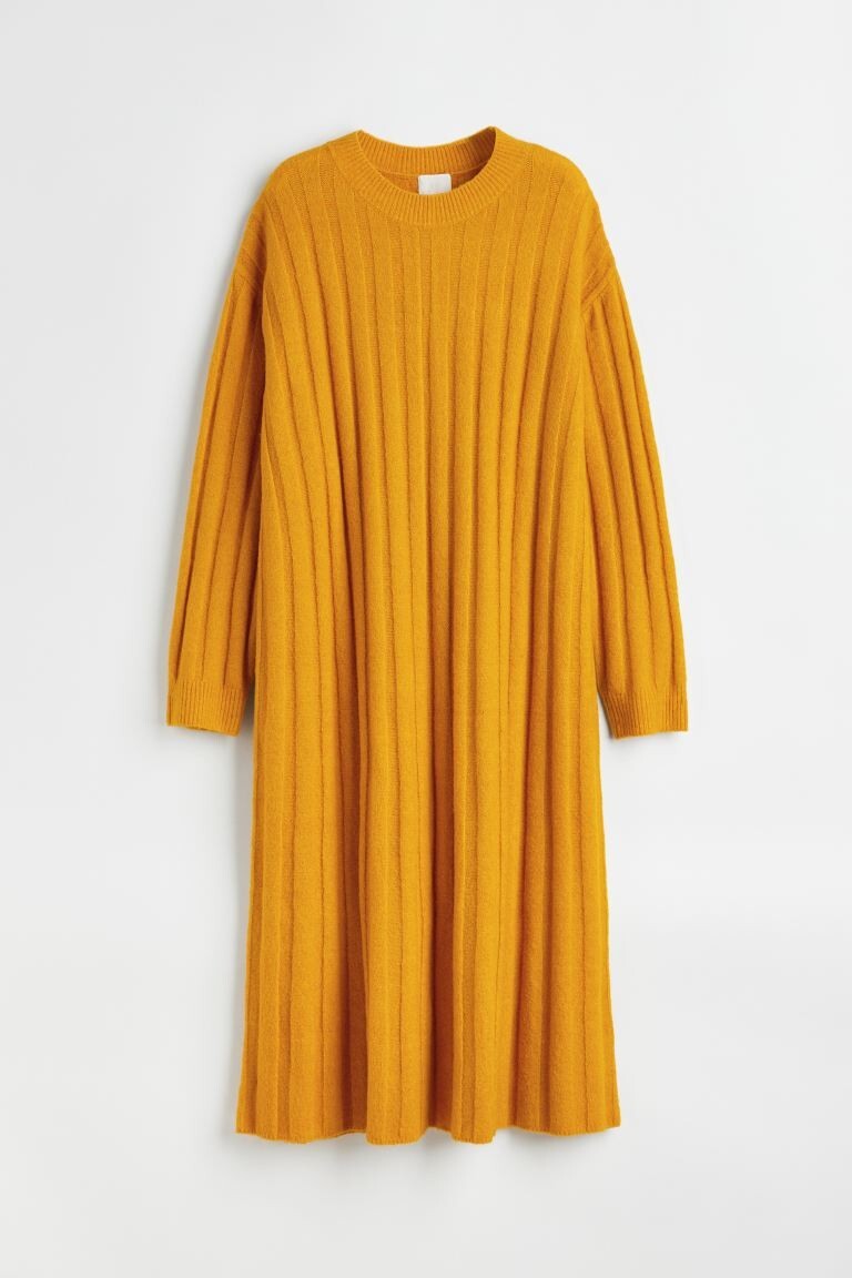 h&m yellow knit dress New Ochre Oversized Stretchable Wool Blend Rib-knit Midi womens long sleeve dresses