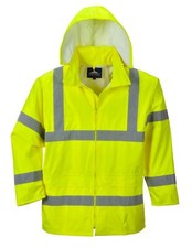 Image of Waterproof Hi Vis Rain Jacket Pack Away Hood PVC Safety Hooded Coat Polyester UK