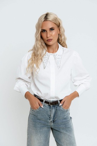 Damen Bluse Hemd Langarm Hemdbluse Businessbluse Strasskragen Perlen Weiß L 40 - Bild 4 von 7