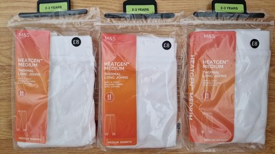 3x M&S Jungen WEISS heatgen THERMISCH lange Unterhosen/Basisschicht MITTLERE WÄRME Alter 2-3 BRANDNEU