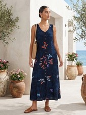 Vintage 90s Butterfly Rayon Midi Dress Button Front Sleeveless Hawaiian Medium