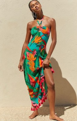 Farm Rio x Anthropologie Maxi Dress Cover Up Vacay Preppy Retro Resort Large NWT