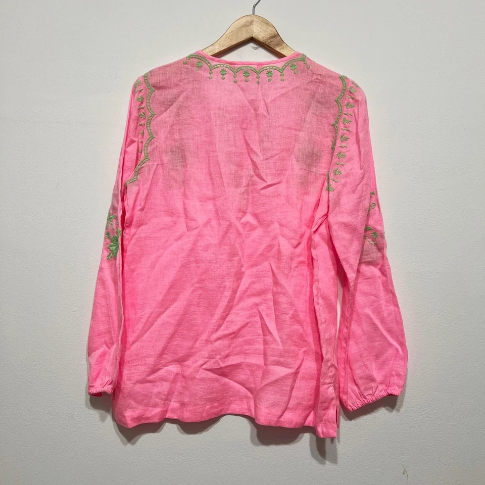 全新 Lilly Pulitzer Coby 亚麻轻便编织束腰上衣 粉色 阴光 绿色 M — 第 4/4 张图片