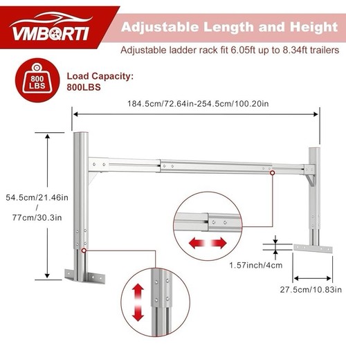 Trailer Roof Ladder Rack 800LBS Capacity Fits 6.1’–8.3’ Trailers, Aluminum - Picture 3 of 13
