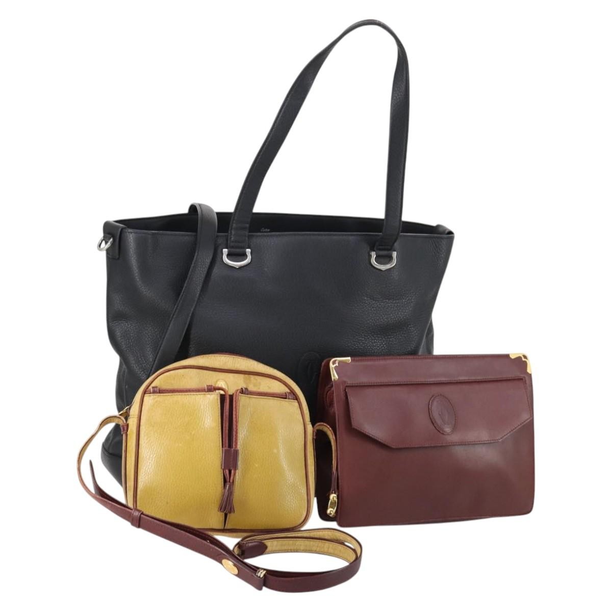 CARTIER Must Line Clutch Bag Leather 3 Set Bordeaux Black beige Auth ar13766